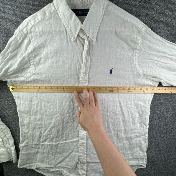 Ralph Lauren XL All Linen White Long Sleeve Button Up Shirt Men Blue Pony Logo - Picture 4 of 16